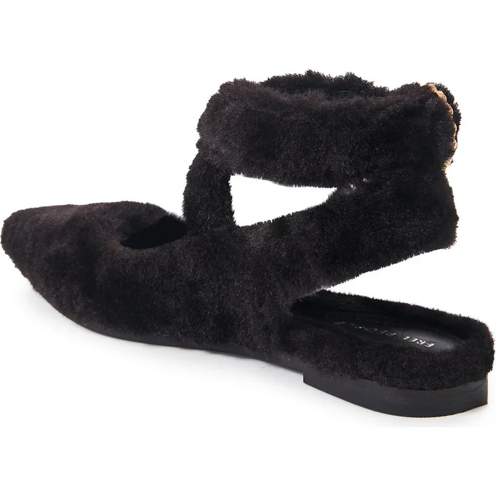 Free People Faux Fur Shearling Parisa Pointed Fuzzy Flats Black Shoes 7.5 NWT
